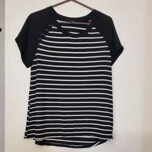 Blue and white striped top with sheer sleeves